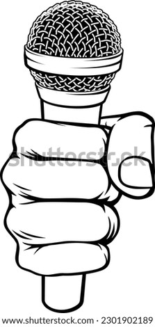 A hand in a fist holding a mic, mike or microphone illustration.