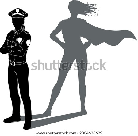 A superhero police officer woman revealed by her shadow silhouette as a super hero in a cape