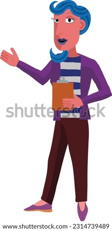 A woman with a clipboard pointing out or showing something business illustration. In an original abstract cubist flat modern cartoon style. 