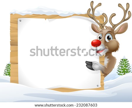 Cartoon reindeer Christmas Sign of a cute cartoon Christmas Reindeer peering around a snowy sign and pointing