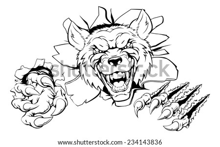 An illustration of a tough looking wolf animal sports mascot or character breaking through