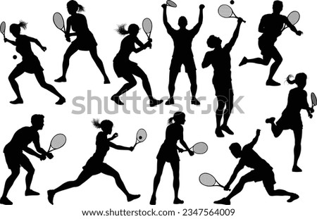 A set of tennis player man and woman silhouette sports people design elements