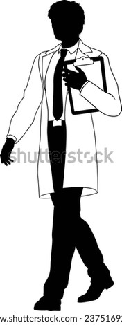 Silhouette person scientist, engineer or professor man in a lab coat. Holding clipboard checklist. Possibly performing experiment or surveying. Alternatively a chemist, science teacher or pharmacist.