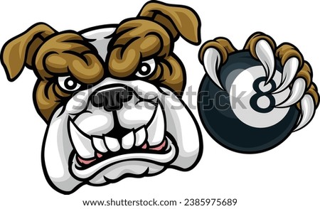 A bulldog dog angry mean pool billiards mascot cartoon character holding a black 8 ball. 