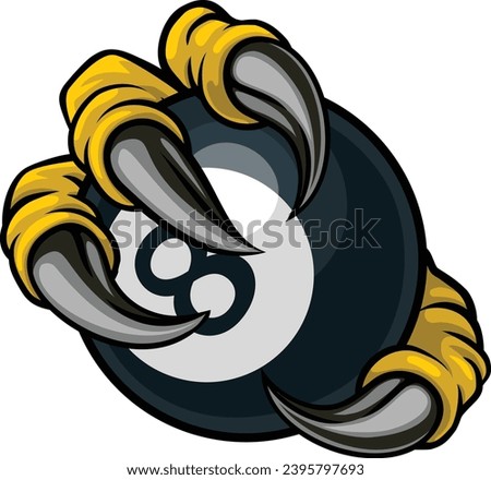 An eagle or monster animal claw or talon hand with claws or talons holding a pool billiards black 8 ball. 
