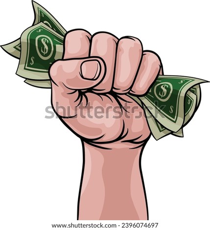 A hand in a fist squeezing cash money dollar bills. In a comic book pop art cartoon illustration style