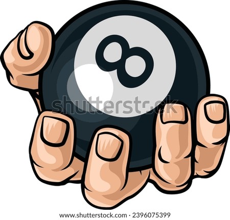 A human hand holding a pool or billiards black 8 ball. 