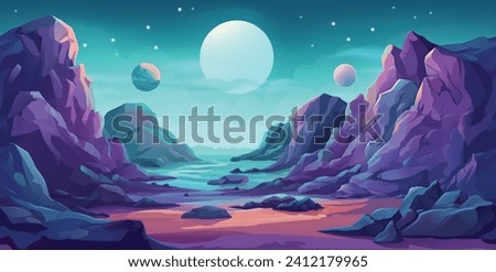 An alien planet outer space landscape cartoon science fiction futuristic fantasy video game background. Seamlessly tilable horizontal tile pattern.