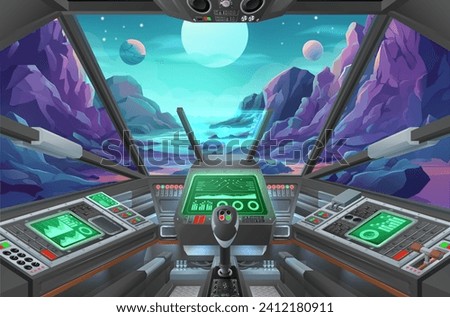 A spaceship or lander craft cockpit with space ship controls looking out on an alien planet landscape background 