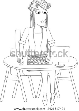 A woman working behind desk with a computer workstation in an original abstract cubist flat modern cartoon style. 