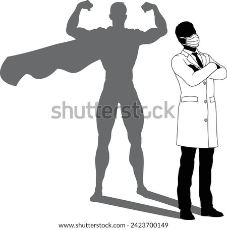 A superhero medical doctor man health care worker revealed by his shadow silhouette as a super hero in a cape.