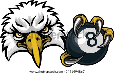 An eagle angry mean pool billiards mascot cartoon character holding a black 8 ball. 
