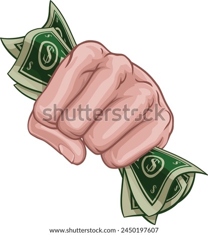 A hand in a fist squeezing cash money dollar bills. In a comic book pop art cartoon illustration style