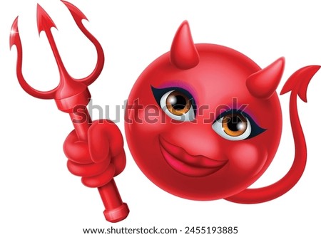 A red devil or satan emoticon female woman face holding a trident, pitchfork or pitch fork cartoon icon mascot.