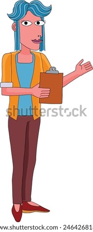 A woman with a clipboard pointing out or showing something business illustration. In an original abstract cubist flat modern cartoon style. 