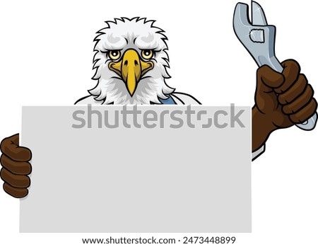 An eagle handyman, mechanic, plumber or other construction cartoon mascot man holding a wrench or spanner tool.