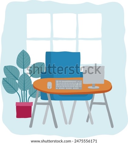 An office or home business scene with a desk and computer workstation in an abstract cubist flat modern cartoon style