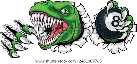 A dinosaur or lizard angry mean pool billiards mascot cartoon character holding a black 8 ball. 