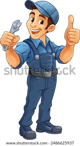 A handyman, mechanic, plumber or other construction cartoon mascot man holding a wrench or spanner tool.