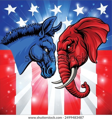 Republican and democrat elephant and donkey facing off American election party politics concept