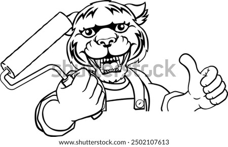 A tiger painter decorator handyman cartoon construction man mascot character holding a paint roller tool