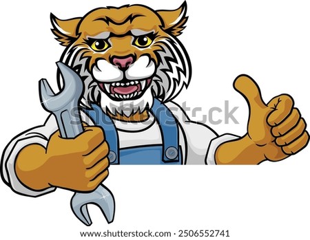 A wildcat cartoon animal mascot plumber, mechanic or handyman builder construction maintenance contractor peeking around a sign holding a spanner or wrench and giving a thumbs up