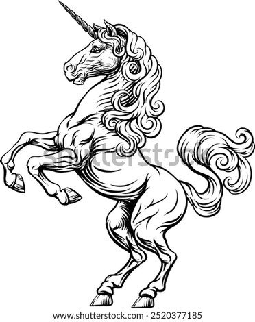 Unicorn horn horse mythological animal from myth. For a crest in rampant pose. Heraldic coat of arms heraldry design element in a vintage illustration style.