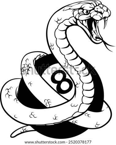 A snake angry mean pool billiards mascot cartoon character holding a black 8 ball.