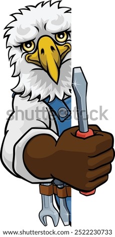 An eagle electrician, handyman or mechanic holding a screwdriver and peeking round a sign