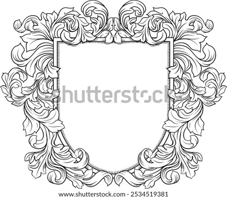 A shield crest heraldic armorial medieval family coat of arms design with filigree heraldry illustration in vintage woodcut style