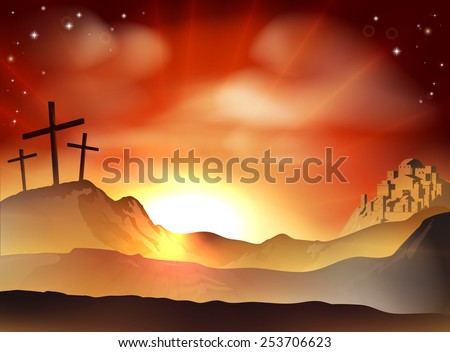 Dramatic Christian Easter concept of Jesus and the two thieves crosses on Calvary hill outside the city walls