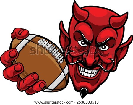 A devil or satan American football sports mascot cartoon character holding a ball