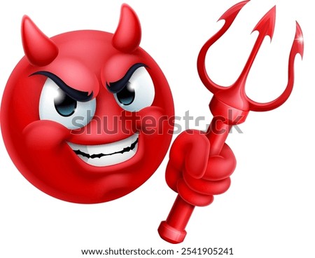 A red devil or satan emoticon man face holding a trident, pitchfork or pitch fork cartoon icon mascot.