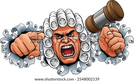 An angry judge cartoon character holding a wooden hammer gavel 