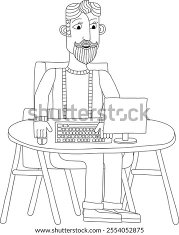 A man working behind desk with a computer workstation in an original abstract cubist flat modern cartoon style. 