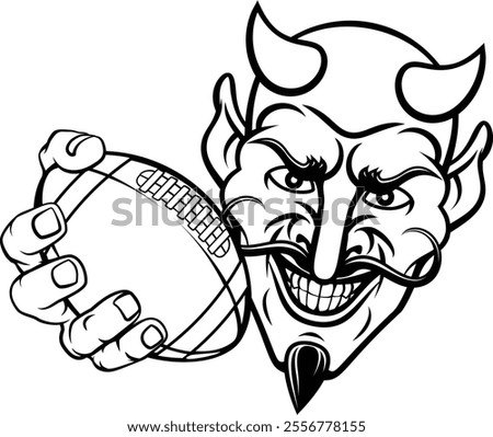 A devil or satan American football sports mascot cartoon character holding a ball