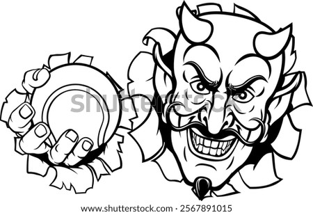 A devil or satan tennis sports mascot cartoon character holding a ball 