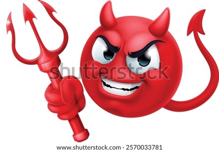 A red devil or satan emoticon man face holding a trident, pitchfork or pitch fork cartoon icon mascot.