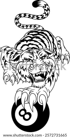 A tiger angry mean pool billiards mascot cartoon character holding a black 8 ball.
