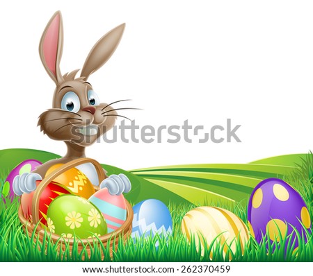 Cartoon Easter Bunny with a hamper of chocolate Easter eggs in a field with rolling hills