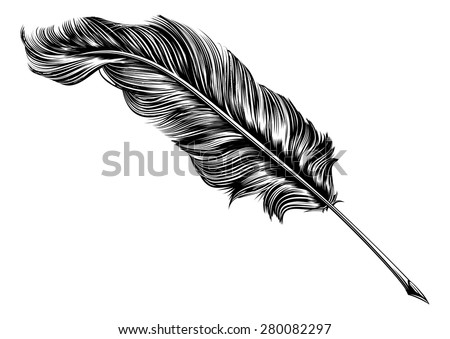 An original illustration of a feather quill pen in a vintage woodblock style