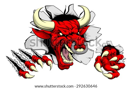 A tough red bull animal sports mascot breaking through a wall