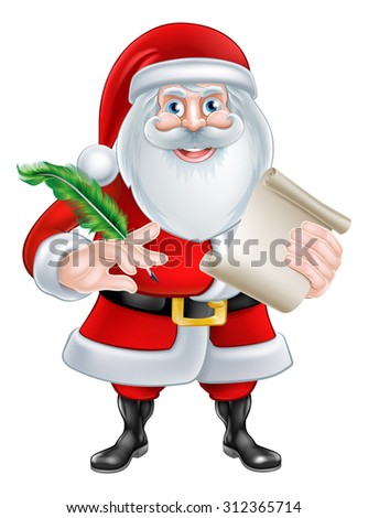 Cartoon Santa Claus With His Christmas List Scroll Or Letter Holding A Quill Pen Stock Photo