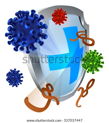 Antibacterial or anti virus shield protection concept  of a shield with bacteria or virus cells bouncing off it