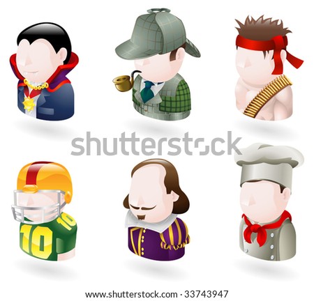 An avatar people web or internet icon set series. Includes vampire or count dracula, sherlock holmes character, rambo character, american football player, shakespeare character, chef or cook