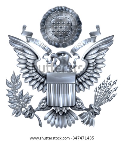 Silver Great Seal of the United States American eagle design with bald eagle holding an olive branch and arrows with American flag shield. With E pluribus unum scroll  and stars glory over his head.