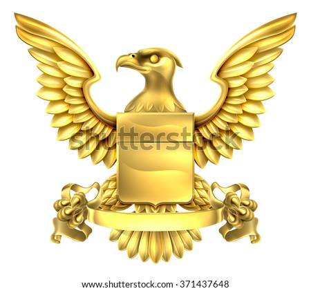 A eagle gold metal shield heraldic heraldry coat of arms design with a banner scroll.