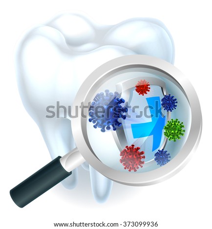 Microscopic bacteria tooth protection concept of a tooth with a magnifying glass showing a tooth being protected from microscopic bacteria or viruses by a shield