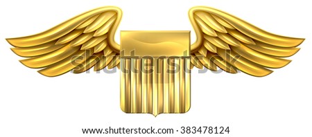 A winged gold golden metallic shield heraldic heraldry coat of arms design with United States flag stripes