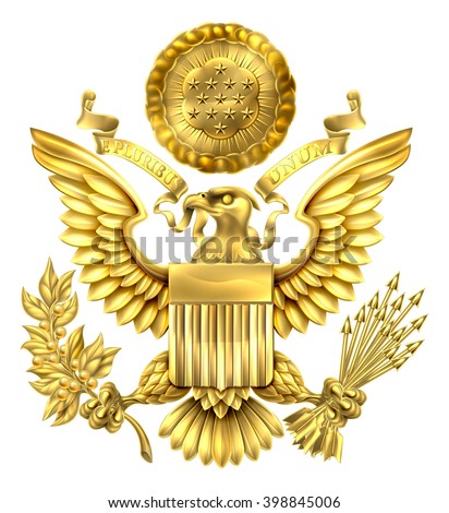Gold Great Seal of the United States American eagle design with bald eagle holding an olive branch and arrows with American flag shield. With E pluribus unum scroll  and stars glory over his head.